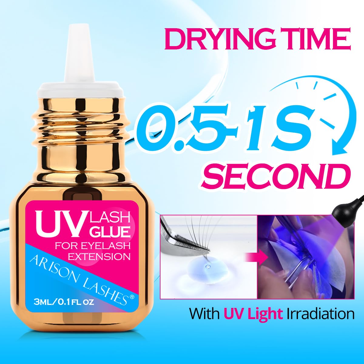 ARISON LASHES UV Lash Glue Kit—0.5–1s Cure, Waterproof, Pro-Use (3ml, Blue)