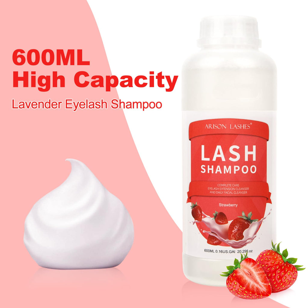 Arison Lashes Eyelash Extension Shampoo 600ml – Paraben & Sulfate Free, Oil-Free, Strawberry Scent | Safe for Extensions & Natural Lashes