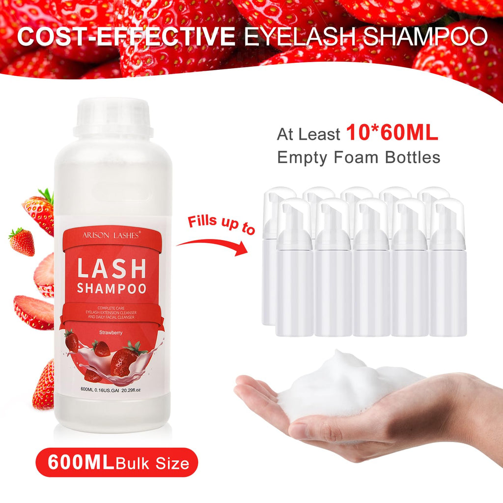 Arison Lashes Eyelash Extension Shampoo 600ml – Paraben & Sulfate Free, Oil-Free, Strawberry Scent | Safe for Extensions & Natural Lashes