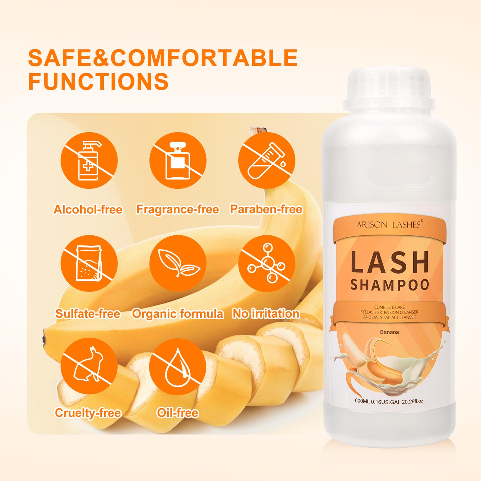 Arison Lashes Eyelash Extension Shampoo 600ml – Banana Foaming Cleanser for Extensions & Natural Lashes (Oil-Free, Paraben & Sulfate Free) – Professional & Self-Use