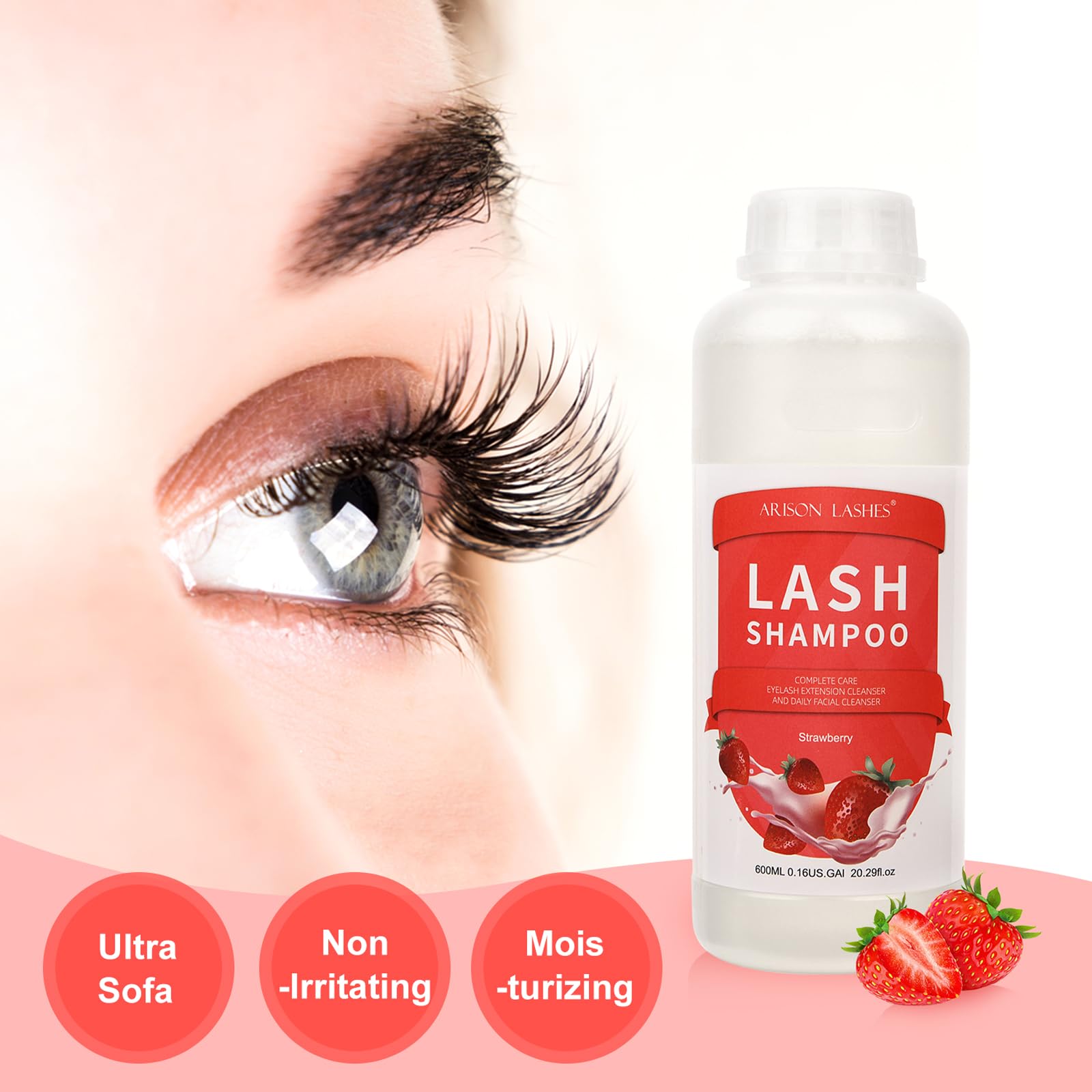 Arison Lashes Eyelash Extension Shampoo 600ml – Paraben & Sulfate Free, Oil-Free, Strawberry Scent | Safe for Extensions & Natural Lashes