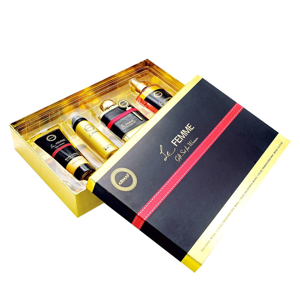 Armaf Le Femme 4-Piece Gift Set for Women | EDP 3.4 oz + Body Lotion + Body Spray + Body Mist
