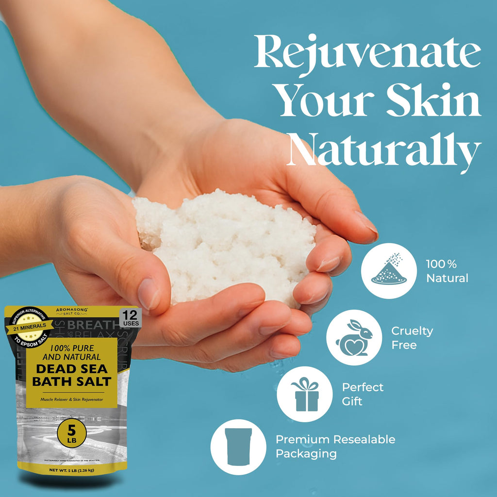 Aromasong Dead Sea Bath Salt – 100% Pure & Natural Minerals for Soaking, 5 lb Bulk Resealable Pack