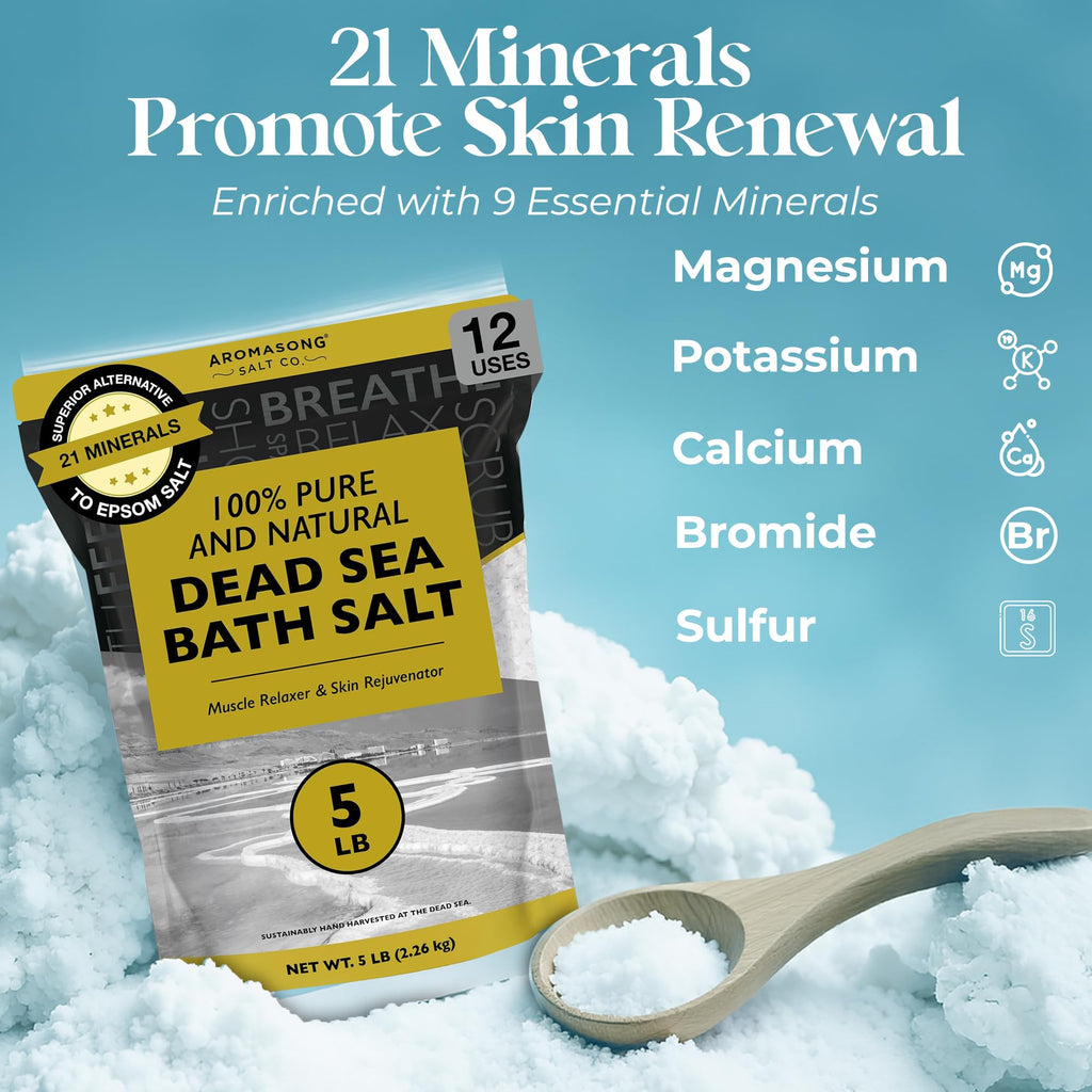 Aromasong Dead Sea Bath Salt – 100% Pure & Natural Minerals for Soaking, 5 lb Bulk Resealable Pack