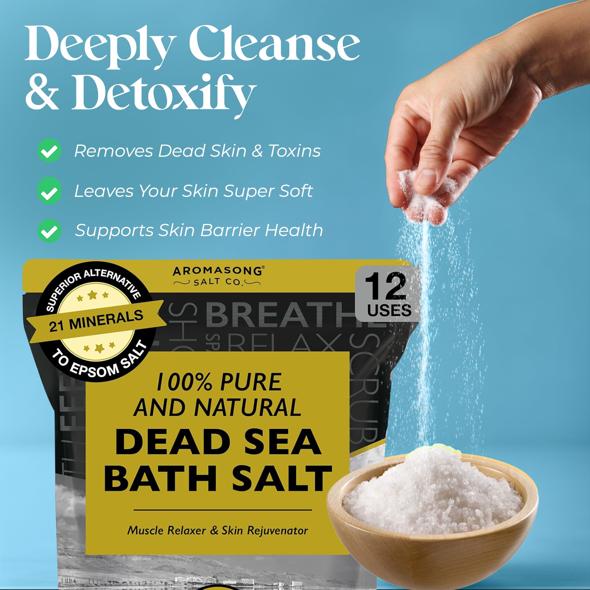 Aromasong Dead Sea Bath Salt – 100% Pure & Natural Minerals for Soaking, 5 lb Bulk Resealable Pack