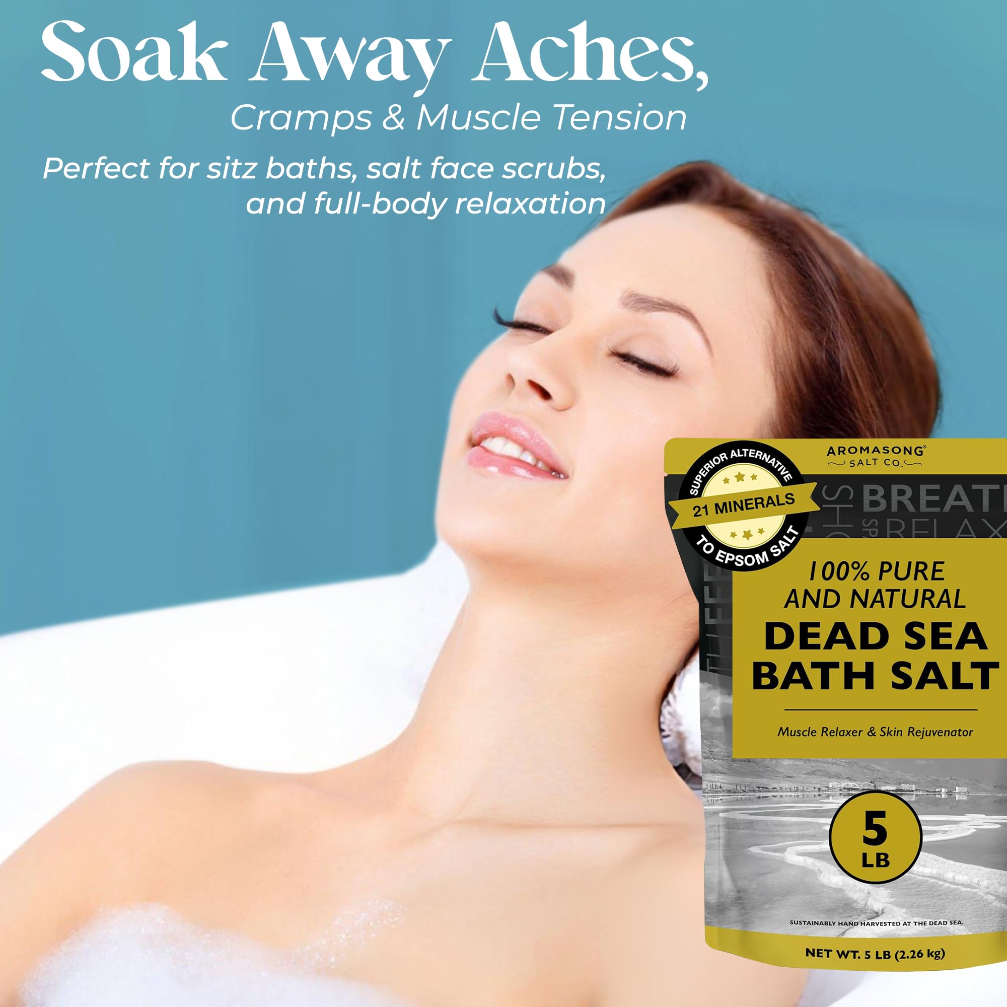 Aromasong Dead Sea Bath Salt – 100% Pure & Natural Minerals for Soaking, 5 lb Bulk Resealable Pack