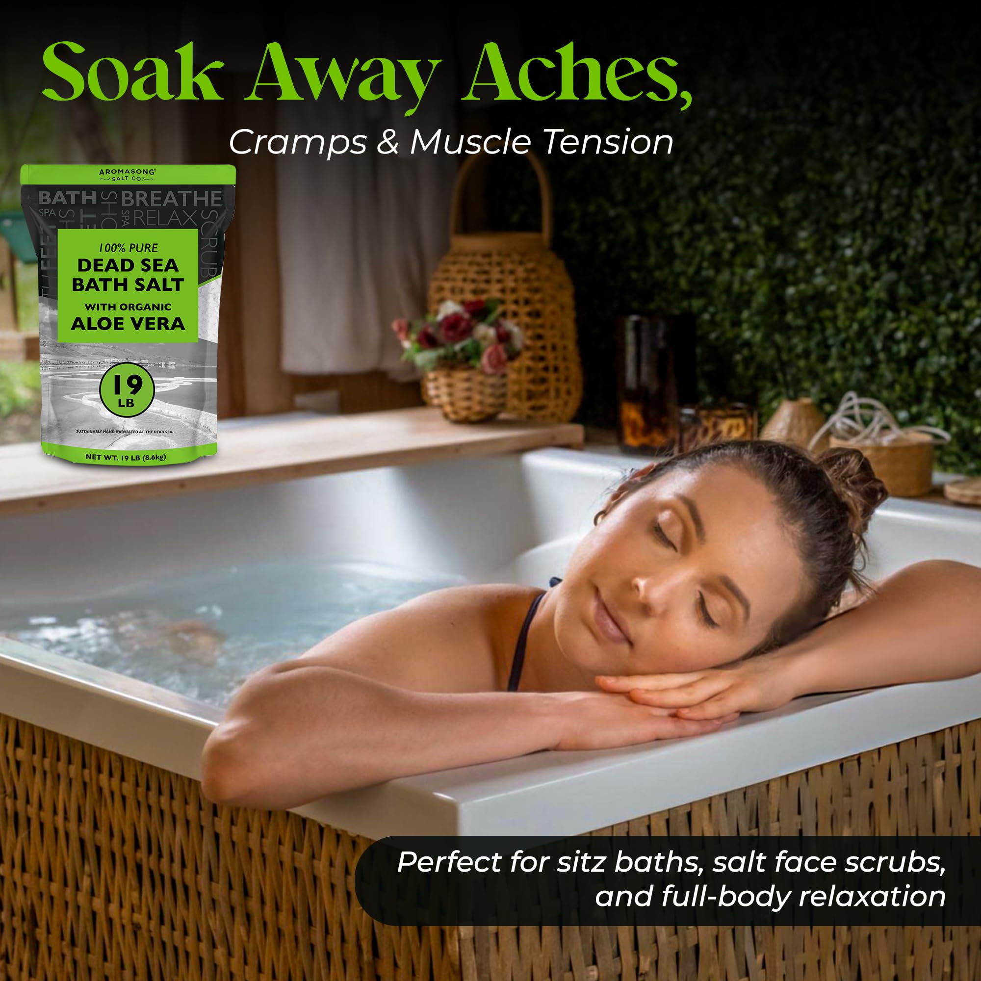 Aromasong Dead Sea Salt with Organic Aloe Vera – 19 Lbs Bulk Spa Bath Salts, Pure & Natural