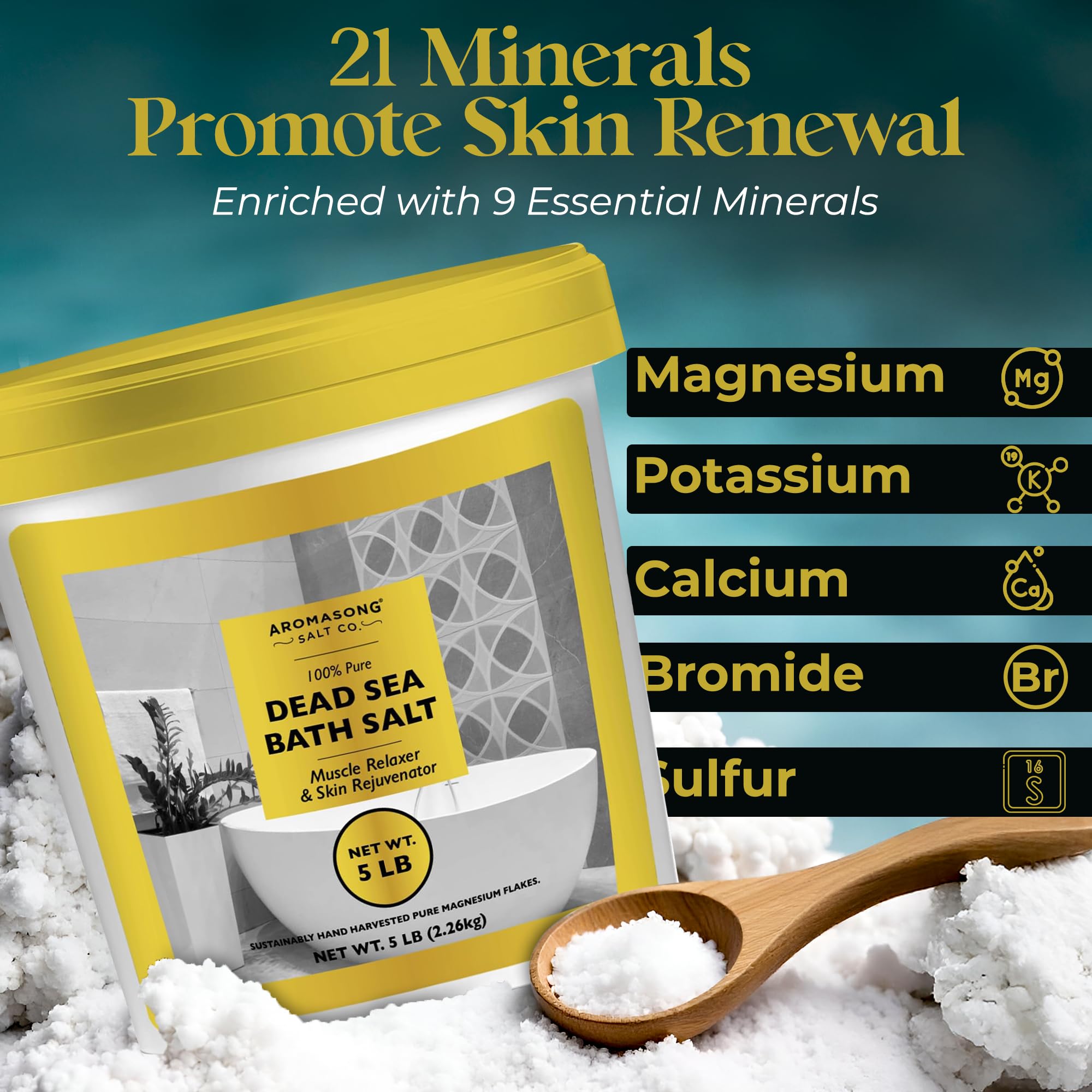 Aromasong Dead Sea Salts for Soaking - 5 Lb Fine Grain Bath Salt in Bucket | Pure Mineral Salt