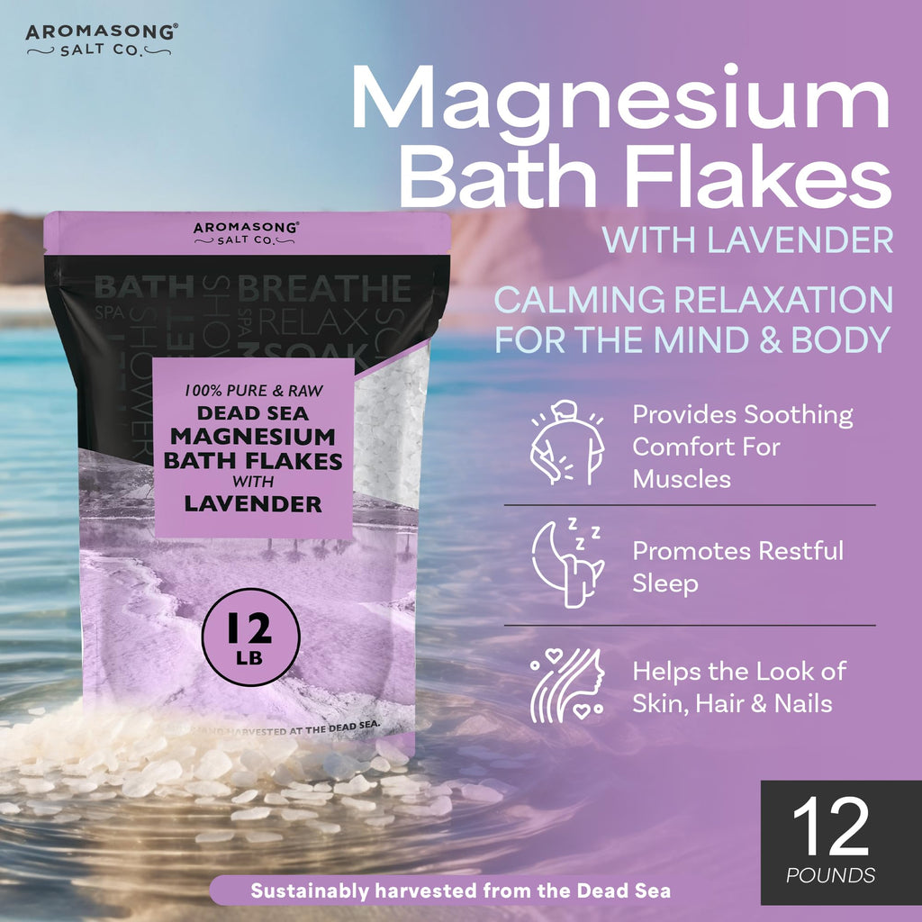 Aromasong RAW Magnesium Bath Flakes with Lavender – 12 lb Bulk Dead Sea MgCl2 Mineral Soak