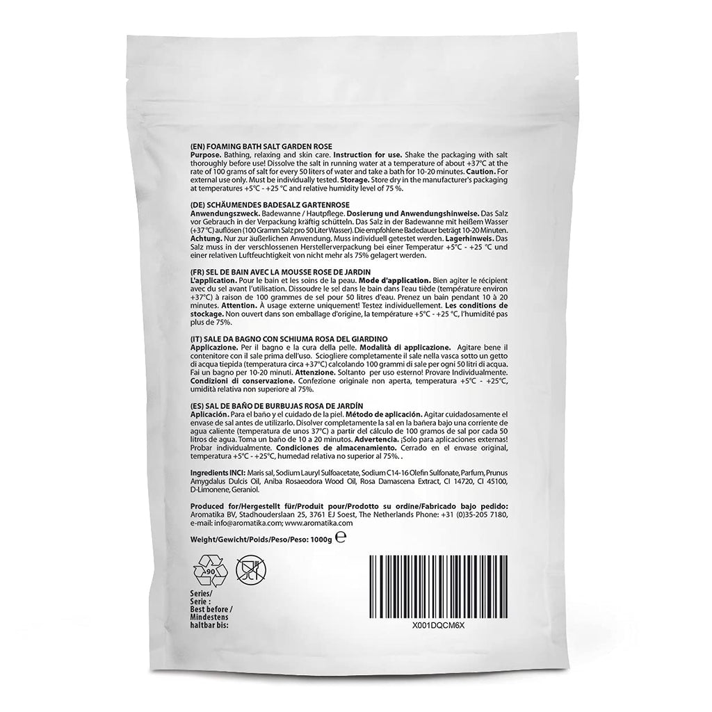 AROMATIKA Foaming Bath Sea Salt Rose – 35 oz / 1000 g | Bubble Bath with Almond & Rosewood Essential Oils + Rosa Damascena Flower Extract
