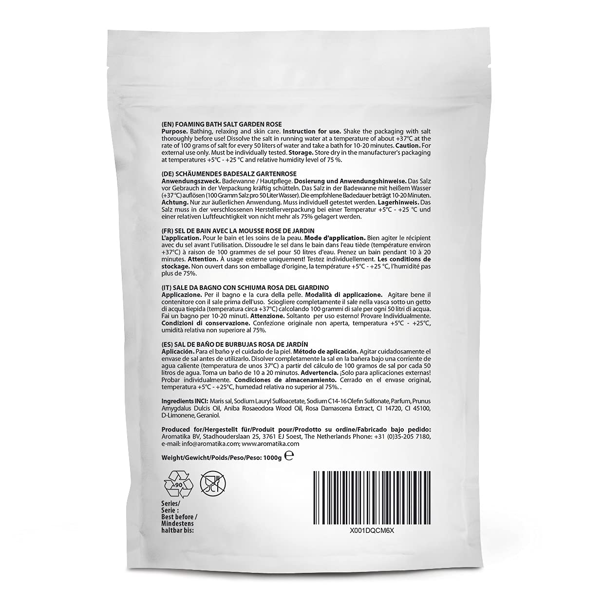 AROMATIKA Foaming Bath Sea Salt Rose – 35 oz / 1000 g | Bubble Bath with Almond & Rosewood Essential Oils + Rosa Damascena Flower Extract