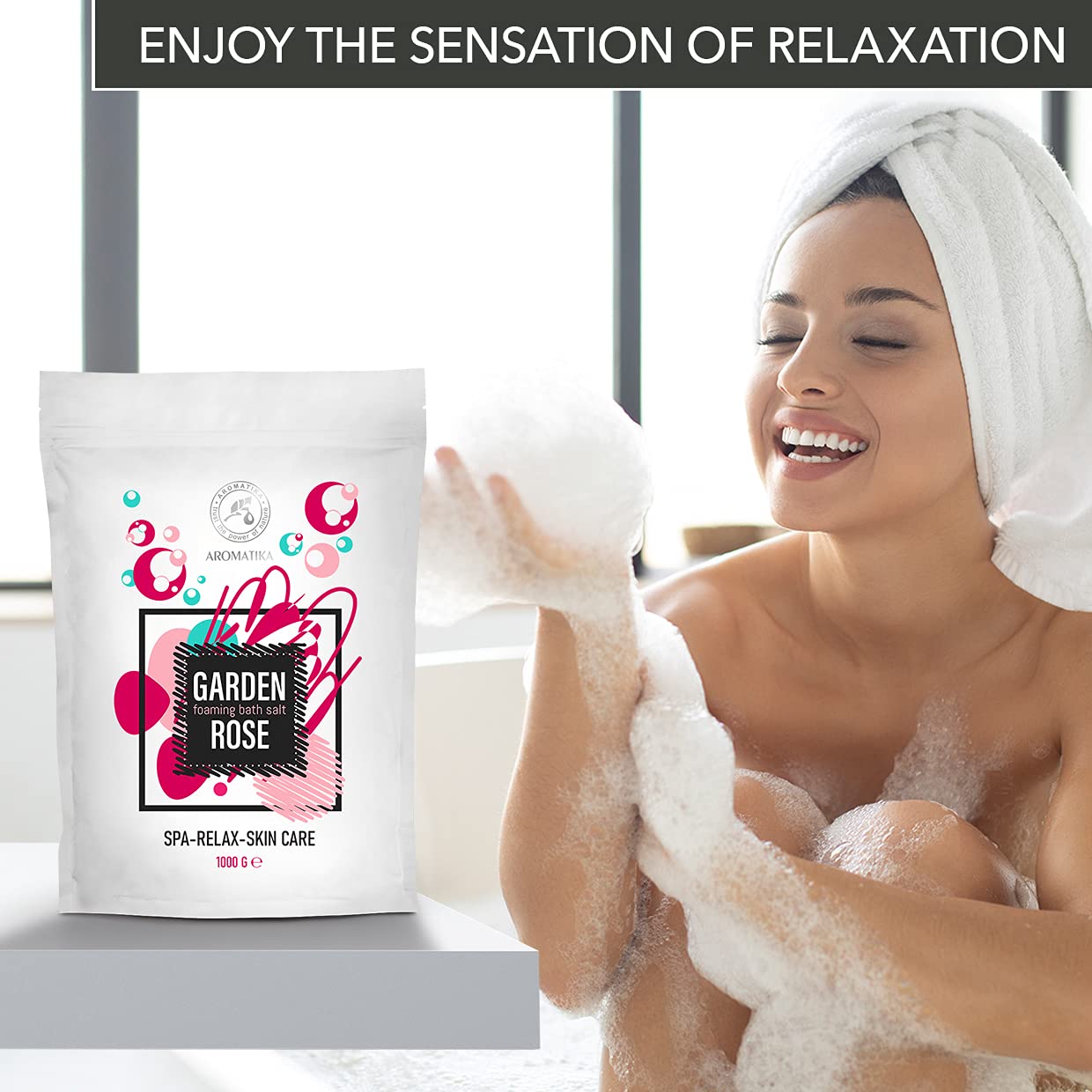 AROMATIKA Foaming Bath Sea Salt Rose – 35 oz / 1000 g | Bubble Bath with Almond & Rosewood Essential Oils + Rosa Damascena Flower Extract