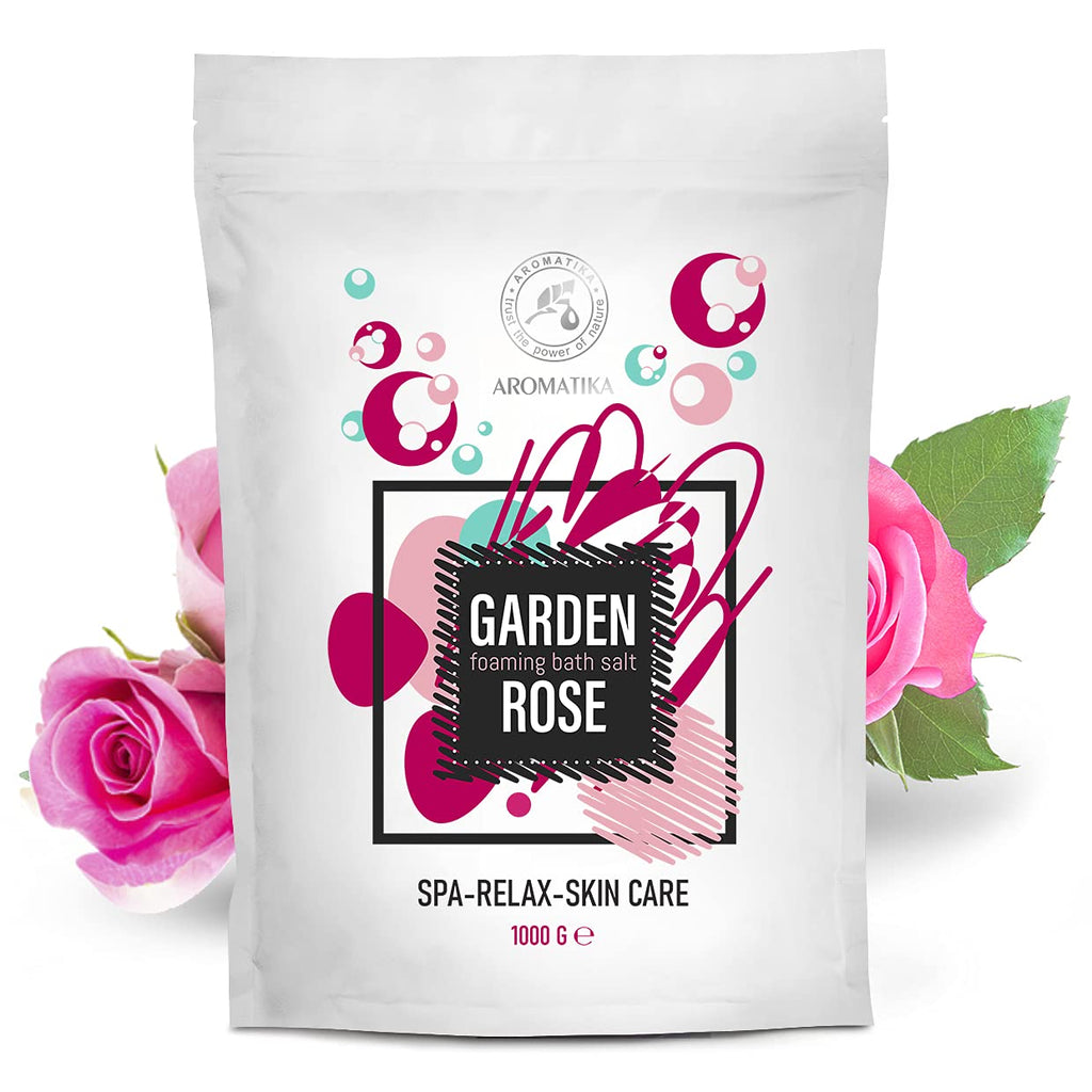 AROMATIKA Foaming Bath Sea Salt Rose – 35 oz / 1000 g | Bubble Bath with Almond & Rosewood Essential Oils + Rosa Damascena Flower Extract