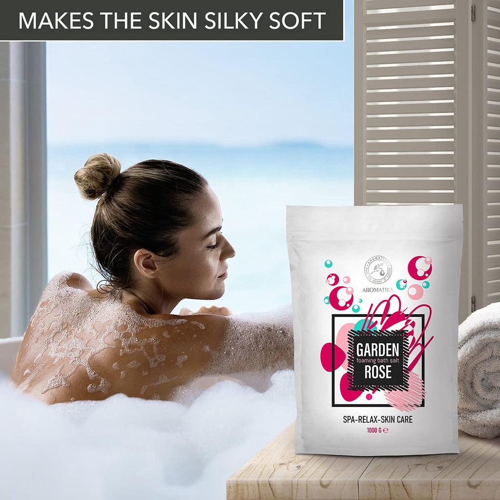 AROMATIKA Foaming Bath Sea Salt Rose – 35 oz / 1000 g | Bubble Bath with Almond & Rosewood Essential Oils + Rosa Damascena Flower Extract