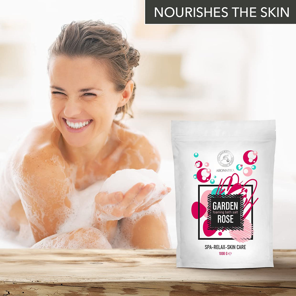 AROMATIKA Foaming Bath Sea Salt Rose – 35 oz / 1000 g | Bubble Bath with Almond & Rosewood Essential Oils + Rosa Damascena Flower Extract