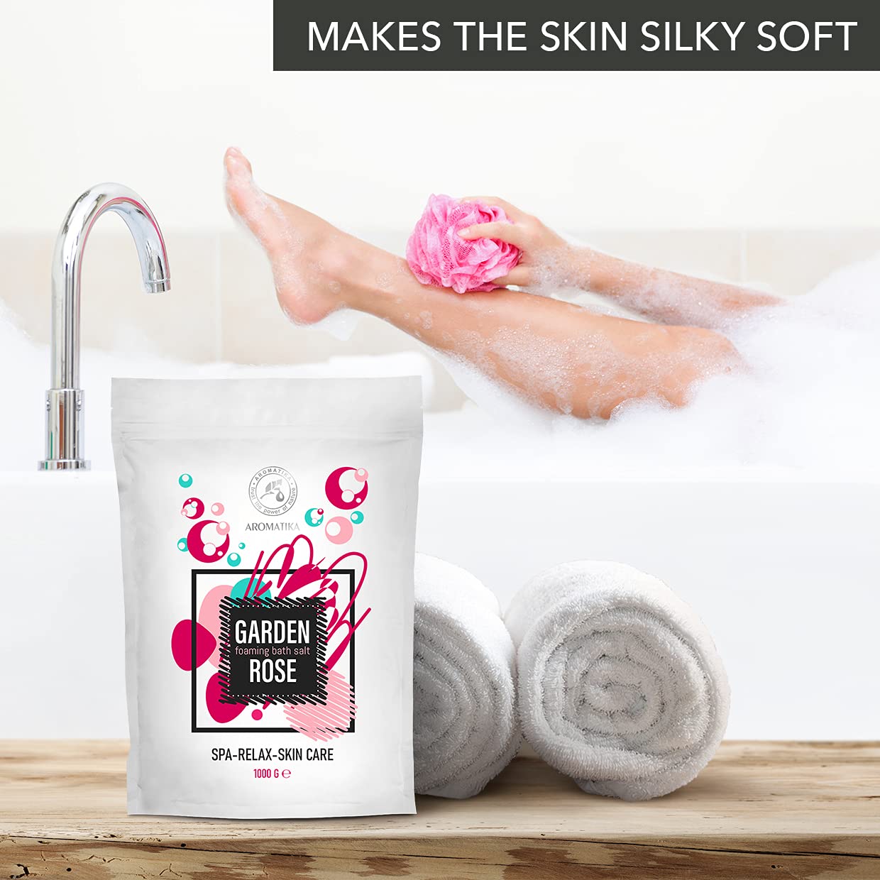 AROMATIKA Foaming Bath Sea Salt Rose – 35 oz / 1000 g | Bubble Bath with Almond & Rosewood Essential Oils + Rosa Damascena Flower Extract