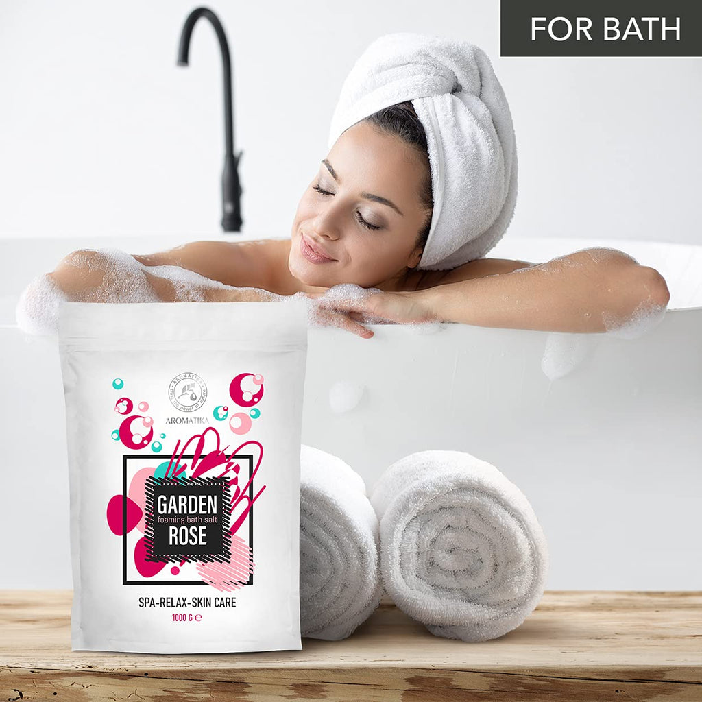 AROMATIKA Foaming Bath Sea Salt Rose – 35 oz / 1000 g | Bubble Bath with Almond & Rosewood Essential Oils + Rosa Damascena Flower Extract