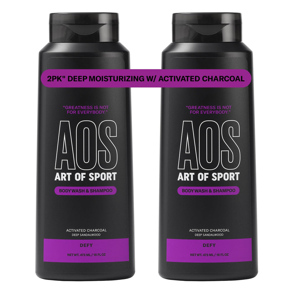 Art of Sport Men's 2-in-1 Body Wash & Shampoo with Activated Charcoal – Defy Scent, Sandalwood | 16 fl oz (Pack of 2)