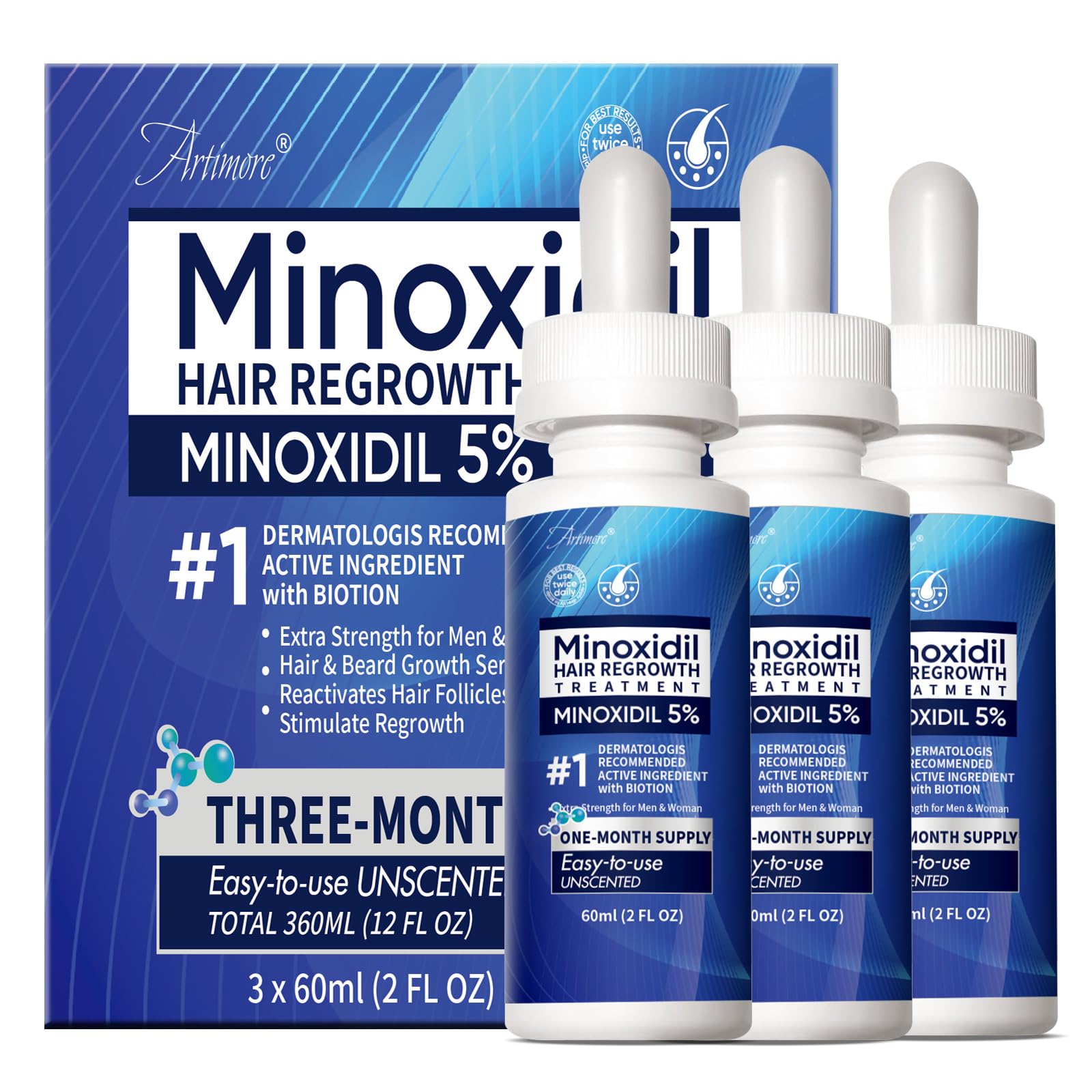 Artimore 5% Minoxidil Hair Growth Serum for Men & Women with Biotin — Extra Strength Topical Solution, 6 oz x 3 Pack