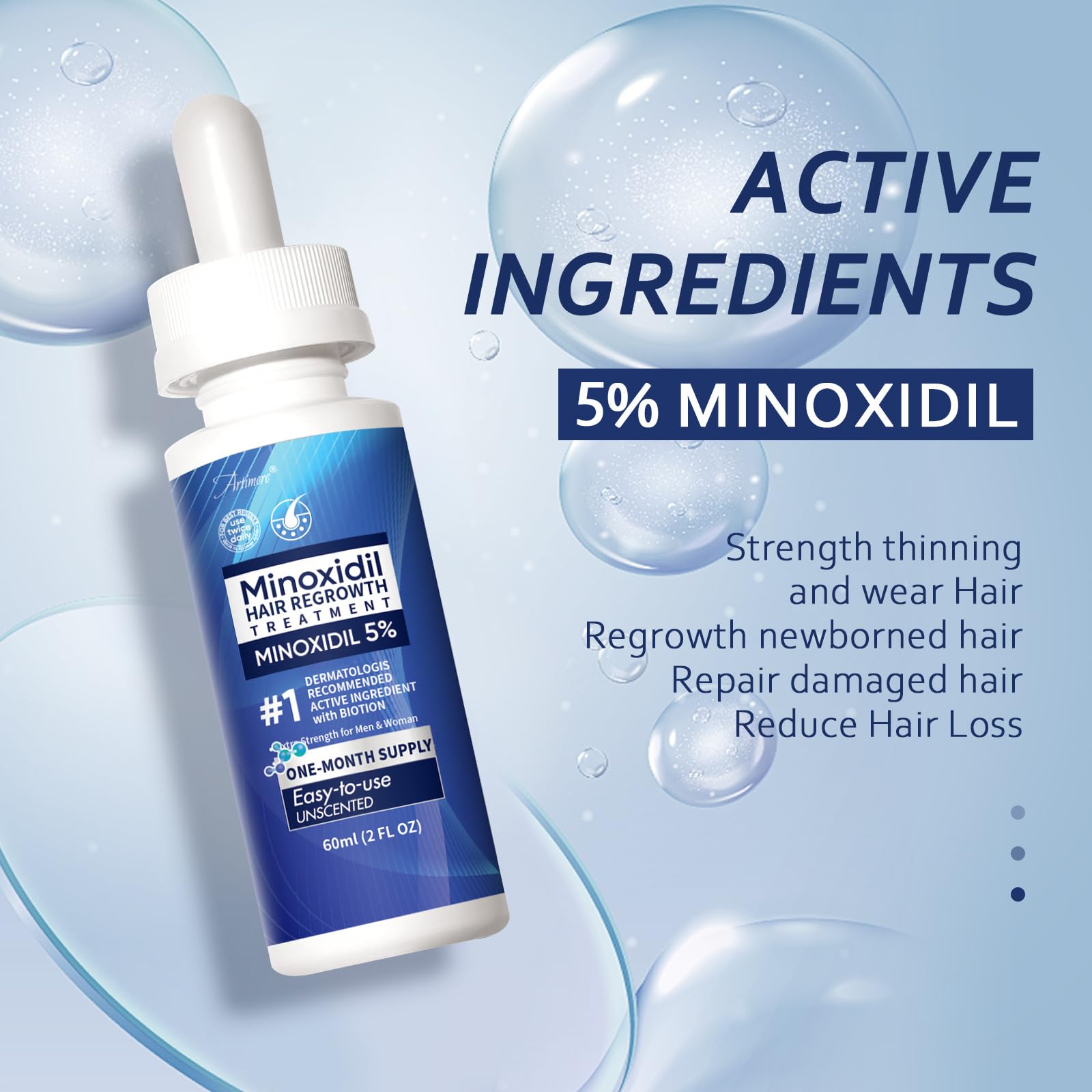 Artimore 5% Minoxidil Hair Growth Serum | Extra Strength, Unscented, 8 oz (4 bottles)