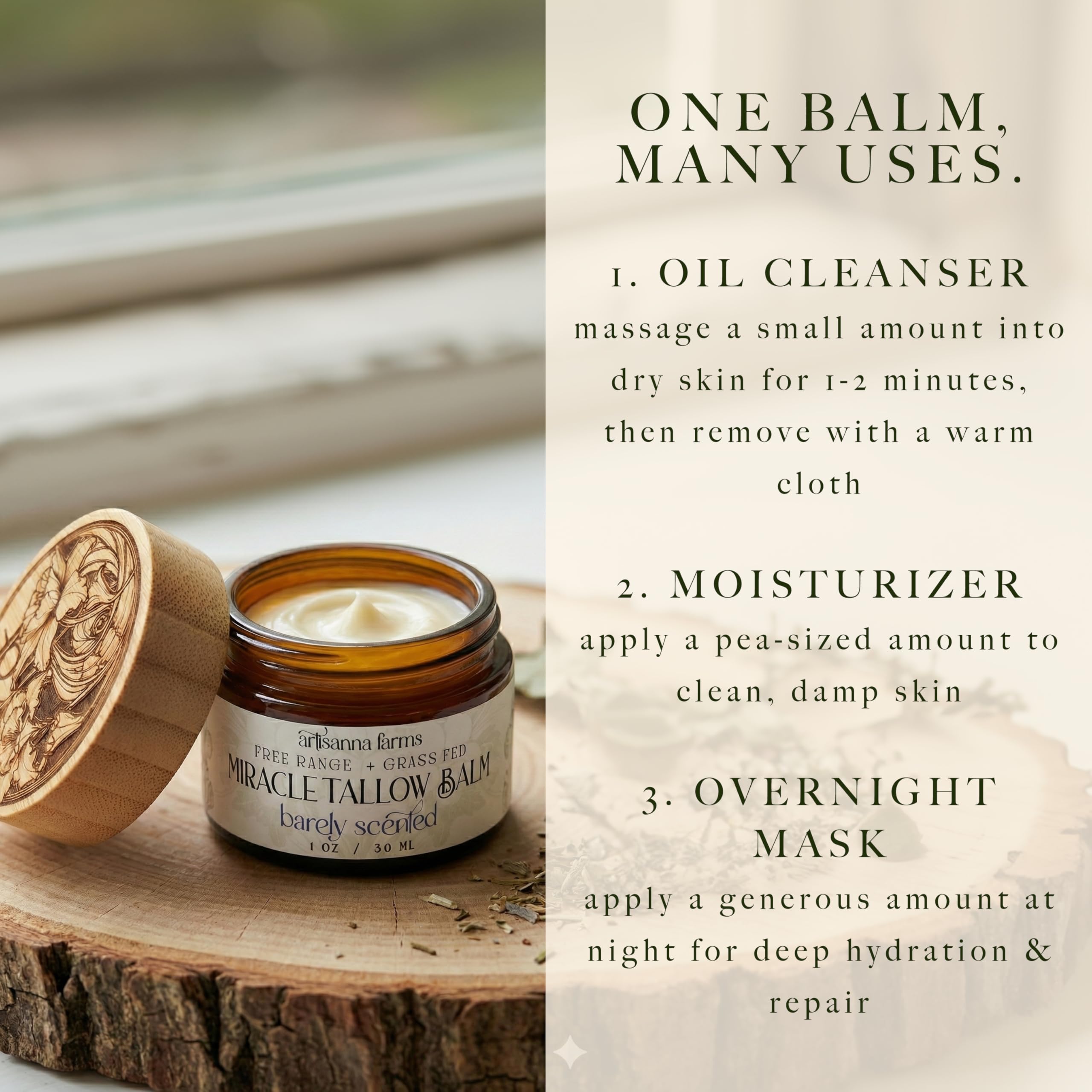 Artisanna Farms Miracle Tallow Balm – Hand-Crafted in the USA with Manuka Honey, Grass-Fed Tallow & Herbal Infusions (1 oz, Barely Scented)