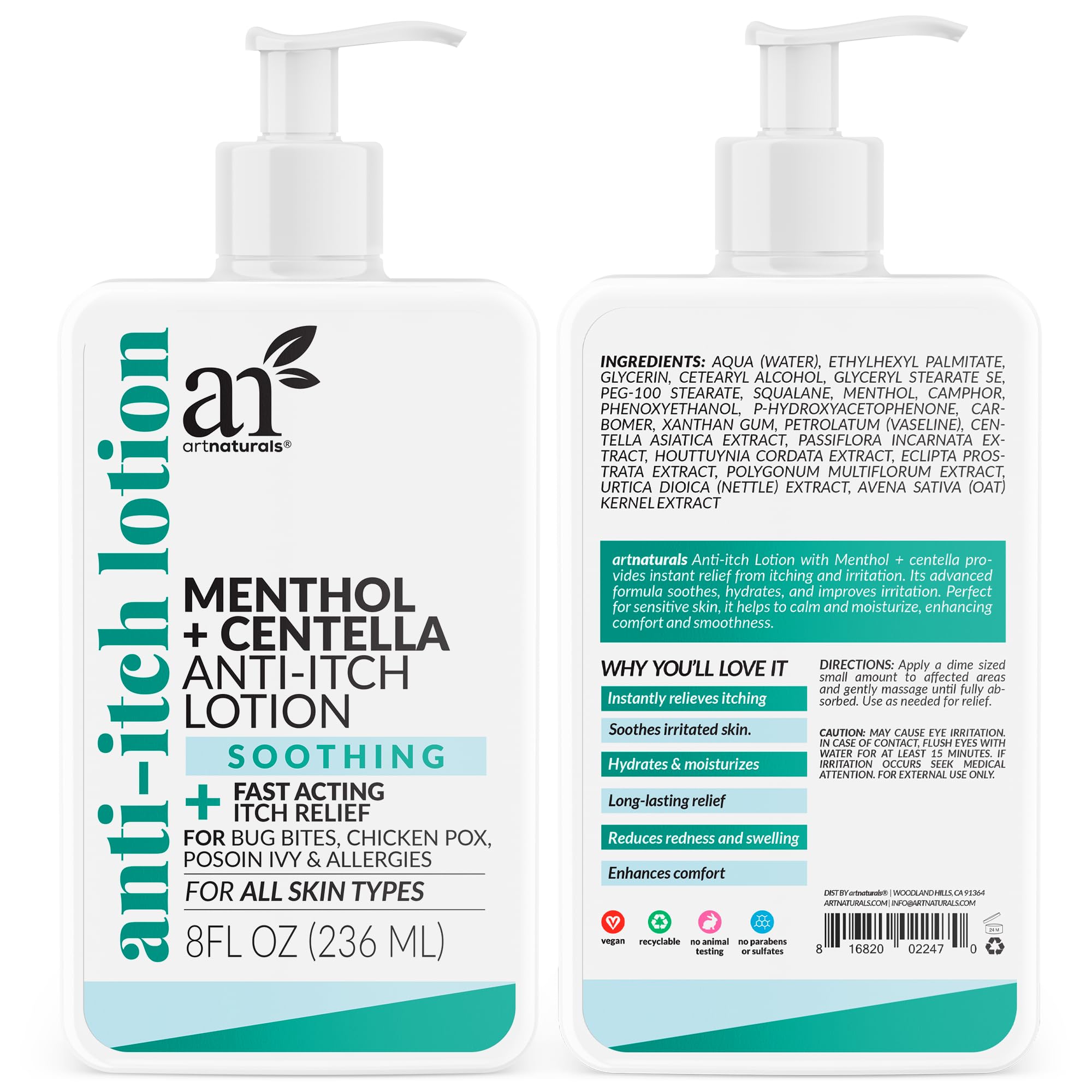 Artnaturals Anti-Itch Lotion – Menthol & Centella, Fast Cooling Relief (2x8 oz)