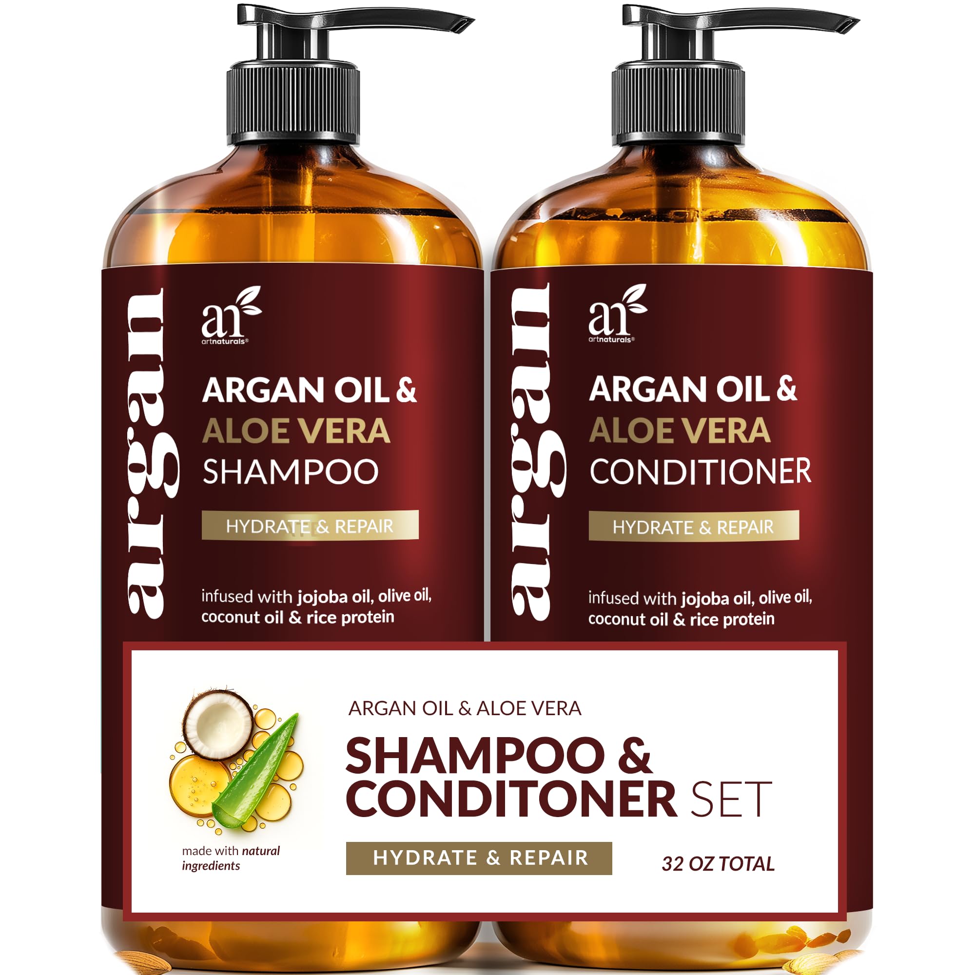 Artnaturals Argan Oil Shampoo & Conditioner Set - Sulfate-Free with Moroccan Oil & Keratin | Hydrate, Repair, Defy Frizz for All Hair Types | 16 fl oz x 2