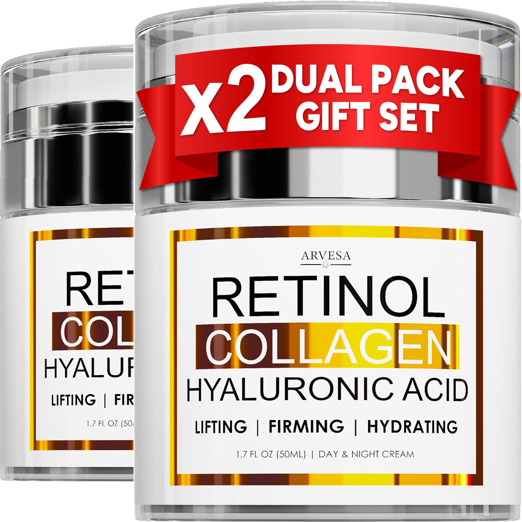 Arvesa 2 Pack Retinol Cream with Collagen & Hyaluronic Acid – Anti Aging Day & Night Moisturizer