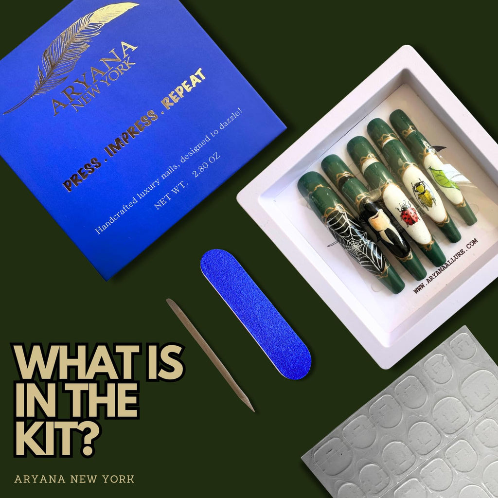 ARYANA NEW YORK Press On Nails Coffin 10pc Set – Handmade, Reusable, Luxury Long Nails | Beetles Collection