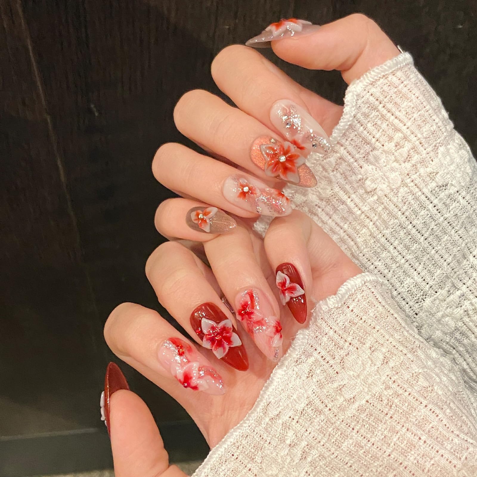 ASABITE 10 Pcs Red Gradient Almond Press-On Nails – 3D Flower & Rhinestone Design (Medium)
