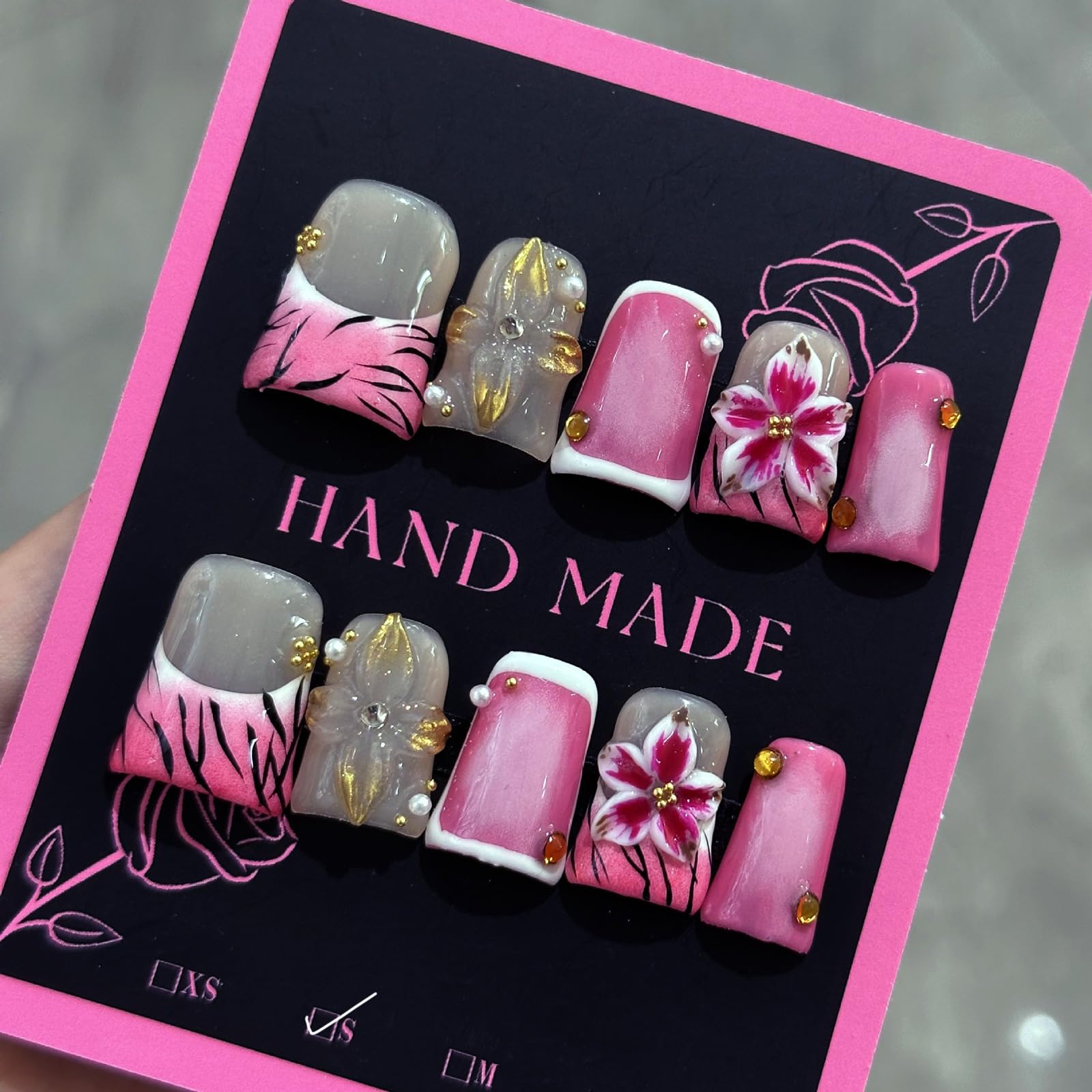 ASABITE Duck Press On Nails – 10 Pcs Handmade 3D Flower Rhinestones (Size S)