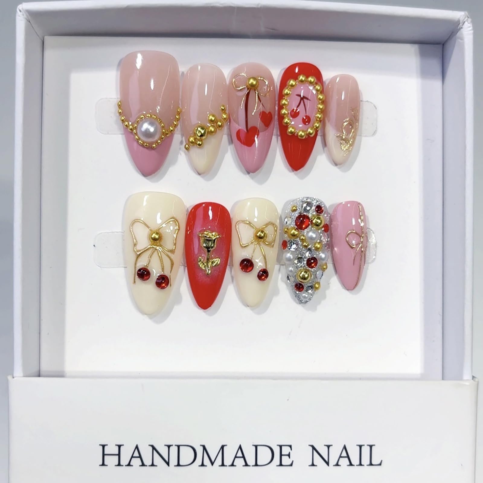 ASABITE 10Pcs Handmade Almond Medium Press-On Nails with 3D Bow Rose Pearl Rhinestone Design