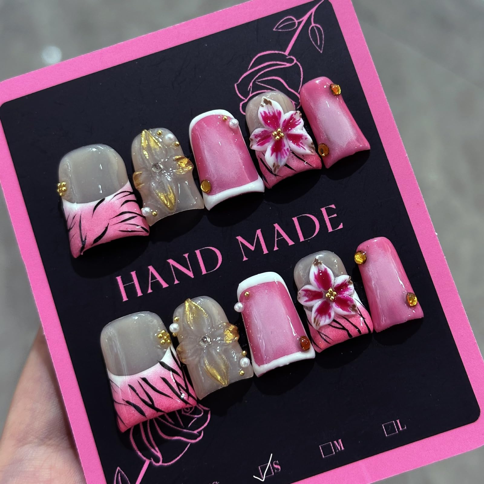 ASABITE Duck Press On Nails – 10 Pcs Handmade 3D Flower Rhinestones (Size S)