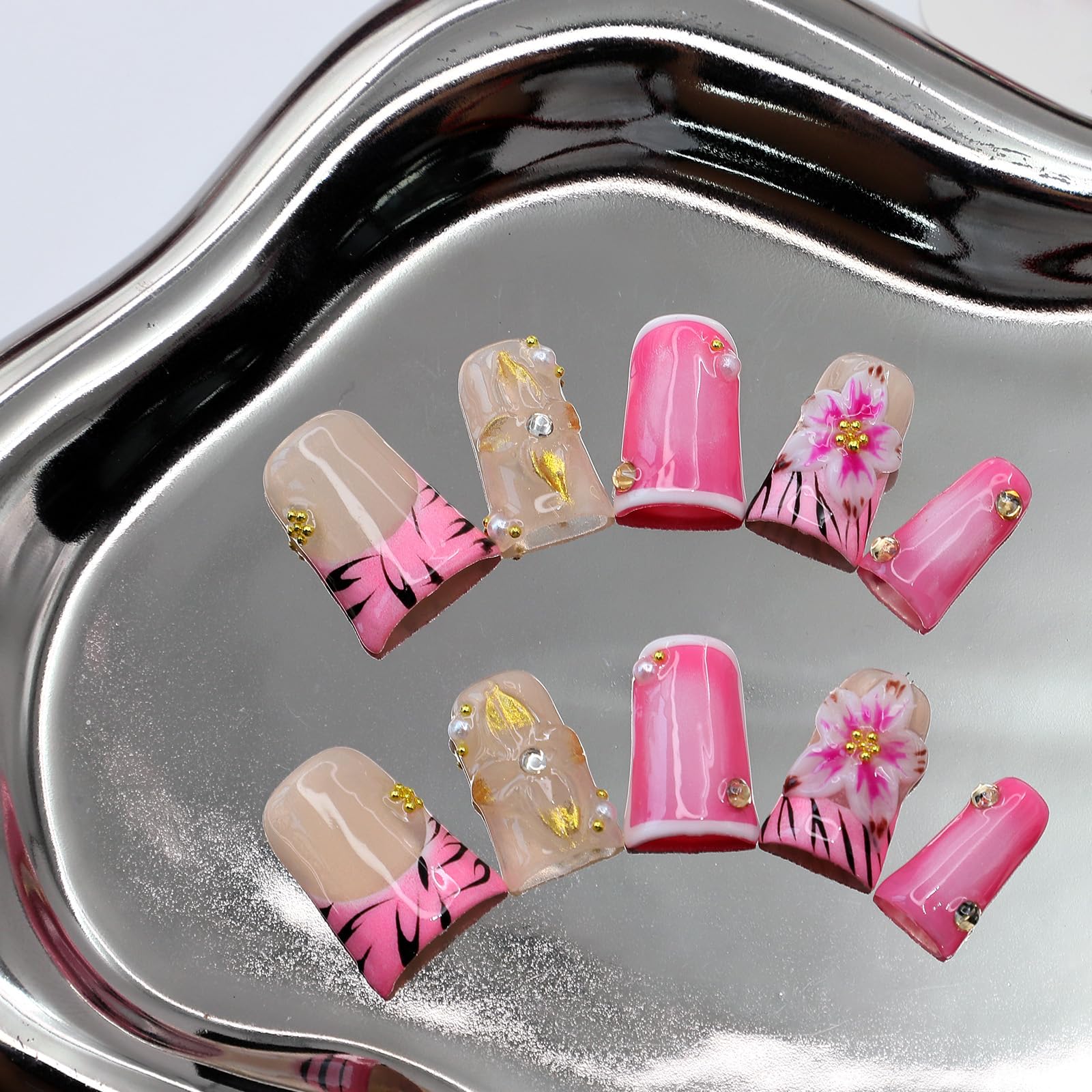 ASABITE Duck Press On Nails – 10 Pcs Handmade 3D Flower Rhinestones (Size S)