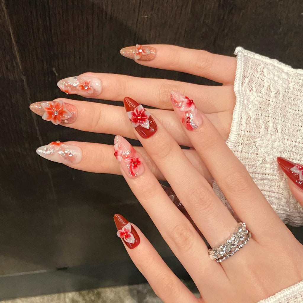 ASABITE 10 Pcs Red Gradient Almond Press-On Nails – 3D Flower & Rhinestone Design (Medium)