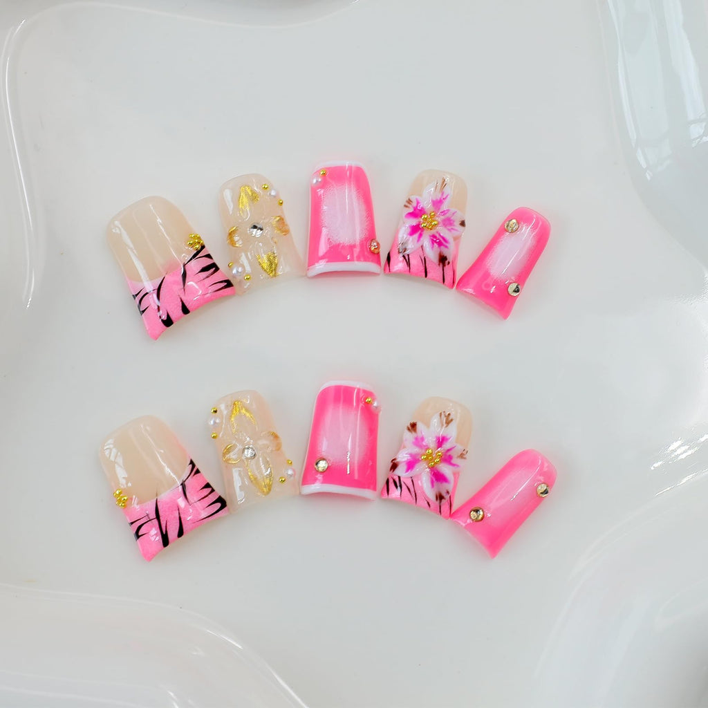 ASABITE Duck Press On Nails – 10 Pcs Handmade 3D Flower Rhinestones (Size S)