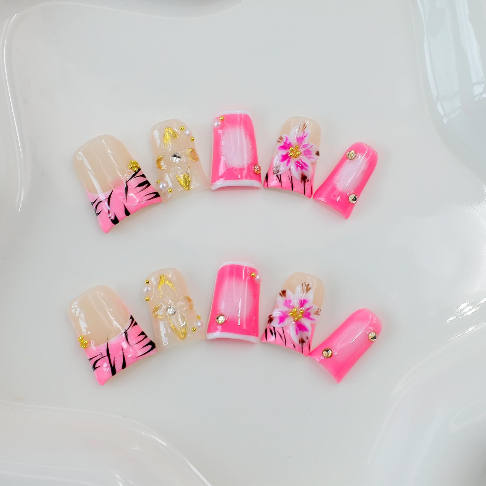 ASABITE Duck Press On Nails – 10 Pcs Handmade 3D Flower Rhinestones (Size S)