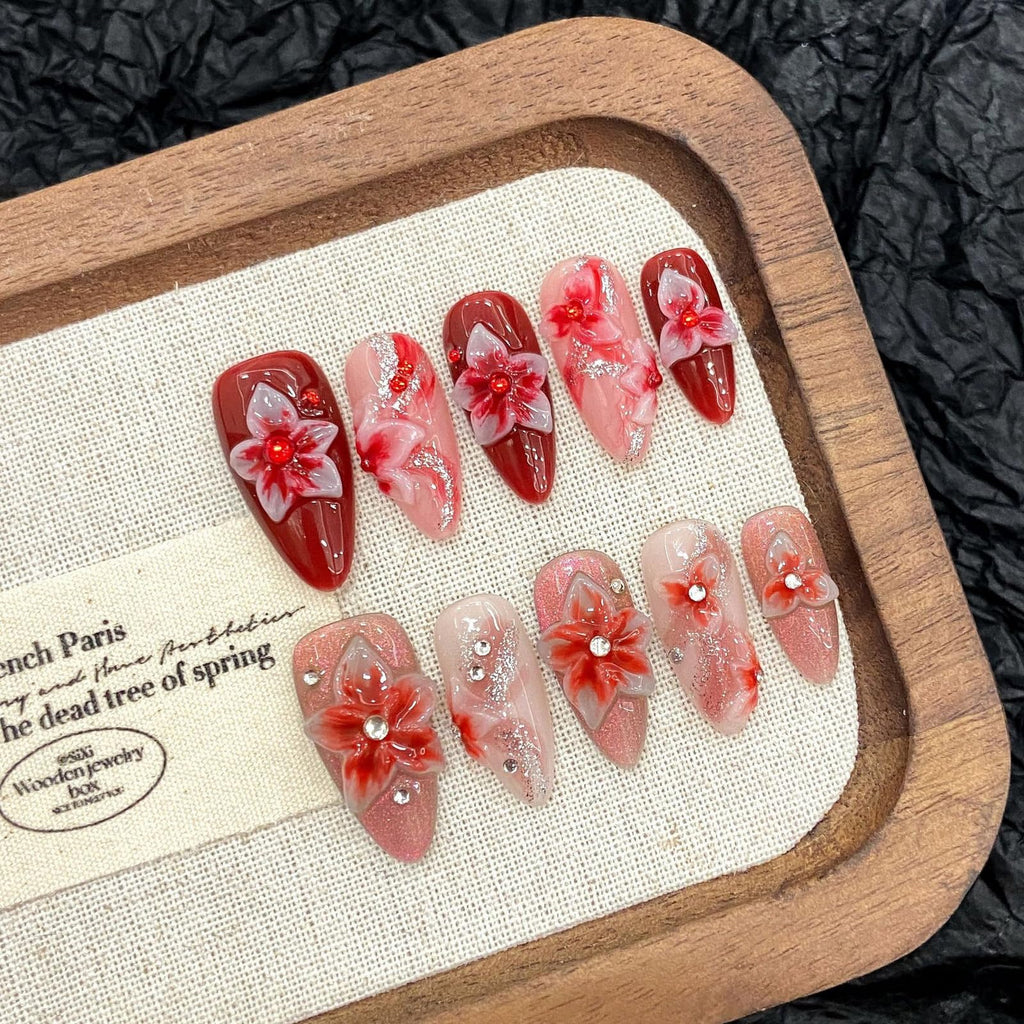 ASABITE 10 Pcs Red Gradient Almond Press-On Nails – 3D Flower & Rhinestone Design (Medium)