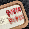 ASABITE 10 Pcs Red Gradient Almond Press-On Nails – 3D Flower & Rhinestone Design (Medium)