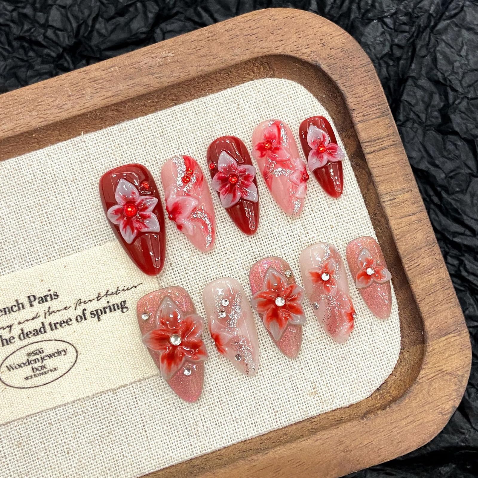 ASABITE 10 Pcs Red Gradient Almond Press-On Nails – 3D Flower & Rhinestone Design (Medium)