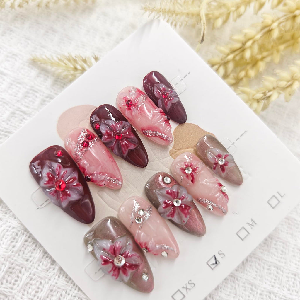 ASABITE 10 Pcs Red Gradient Almond Press-On Nails – 3D Flower & Rhinestone Design (Medium)