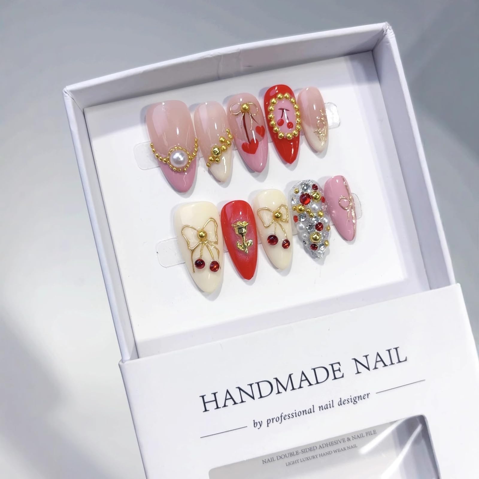 ASABITE 10Pcs Handmade Almond Medium Press-On Nails with 3D Bow Rose Pearl Rhinestone Design