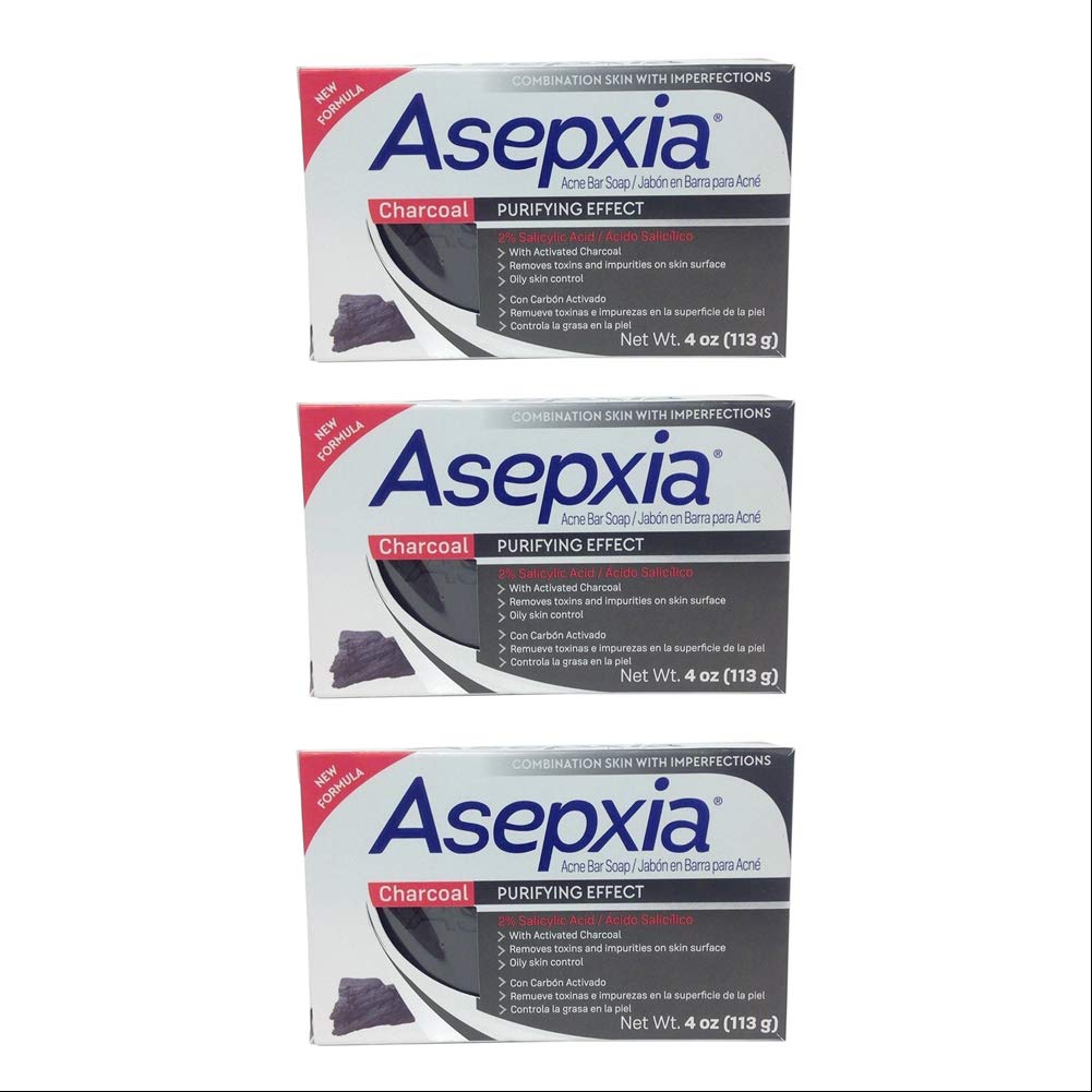 Asepxia Charcoal Cleansing Bar Soap | Acne, Blackheads & Oily Skin | Salicylic Acid | 4 oz × 3