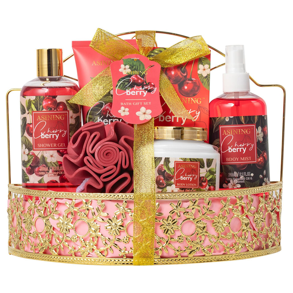 ASINING Bath & Body Basket Set Cherry Fragrance – Spa Gift Kit for Women