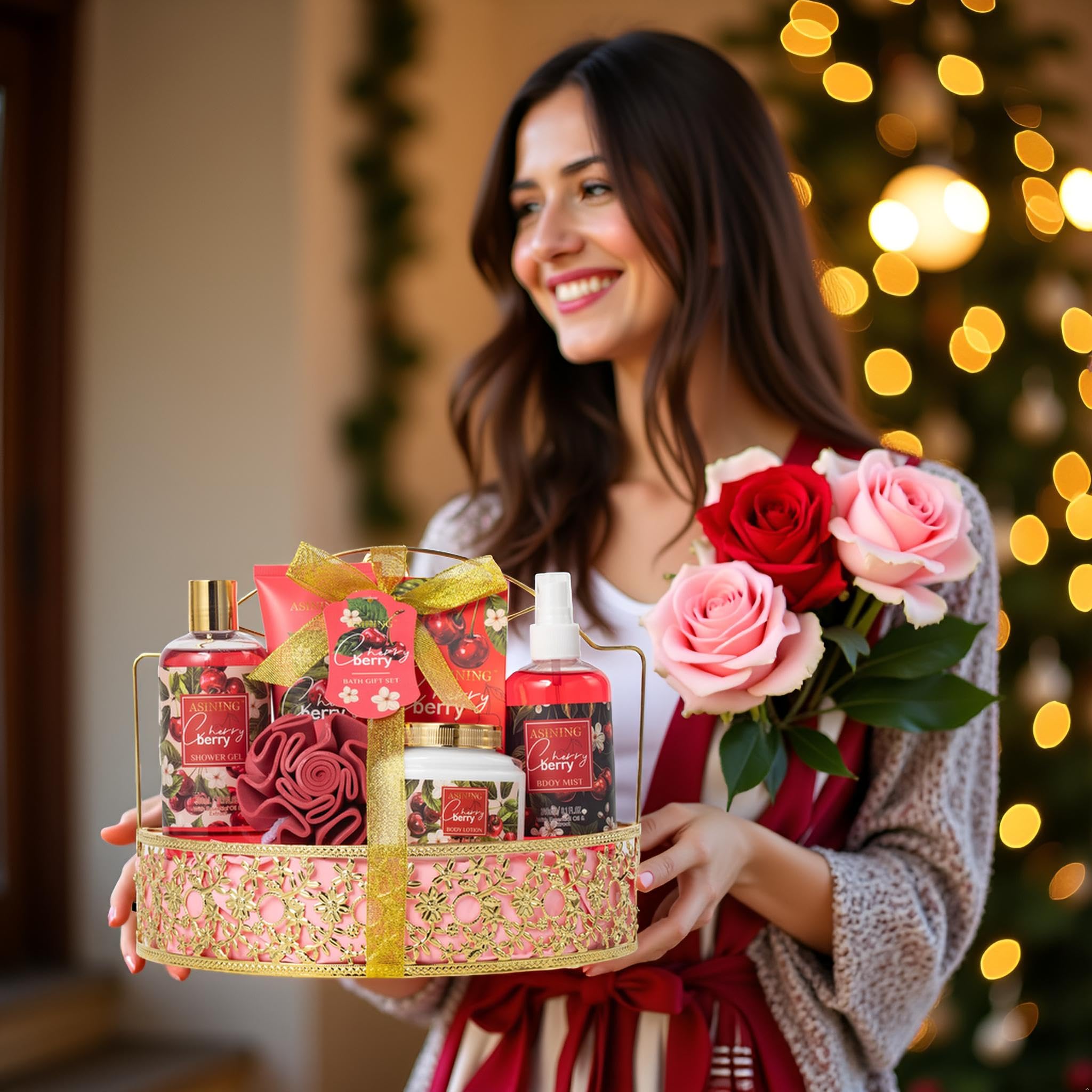 ASINING Bath & Body Basket Set Cherry Fragrance – Spa Gift Kit for Women
