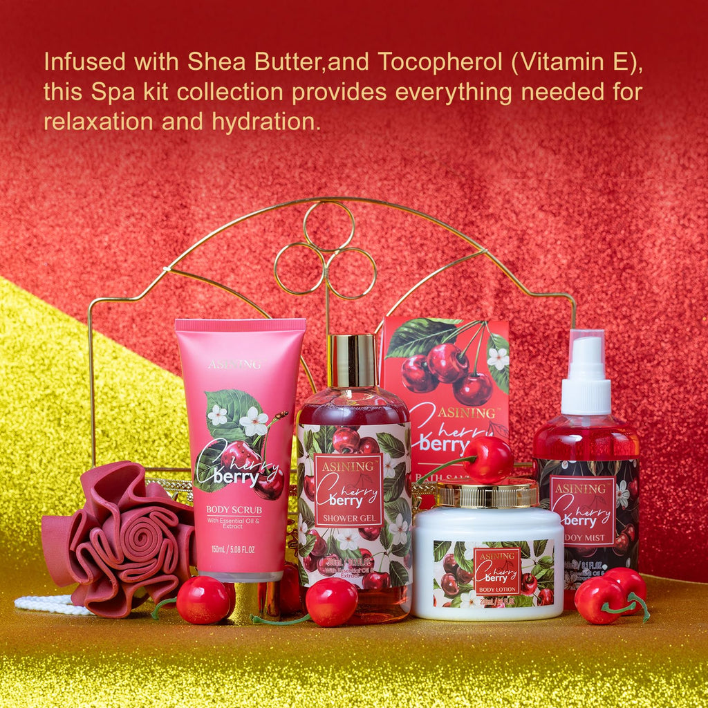 ASINING Bath & Body Basket Set Cherry Fragrance – Spa Gift Kit for Women