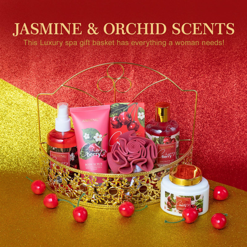 ASINING Bath & Body Basket Set Cherry Fragrance – Spa Gift Kit for Women