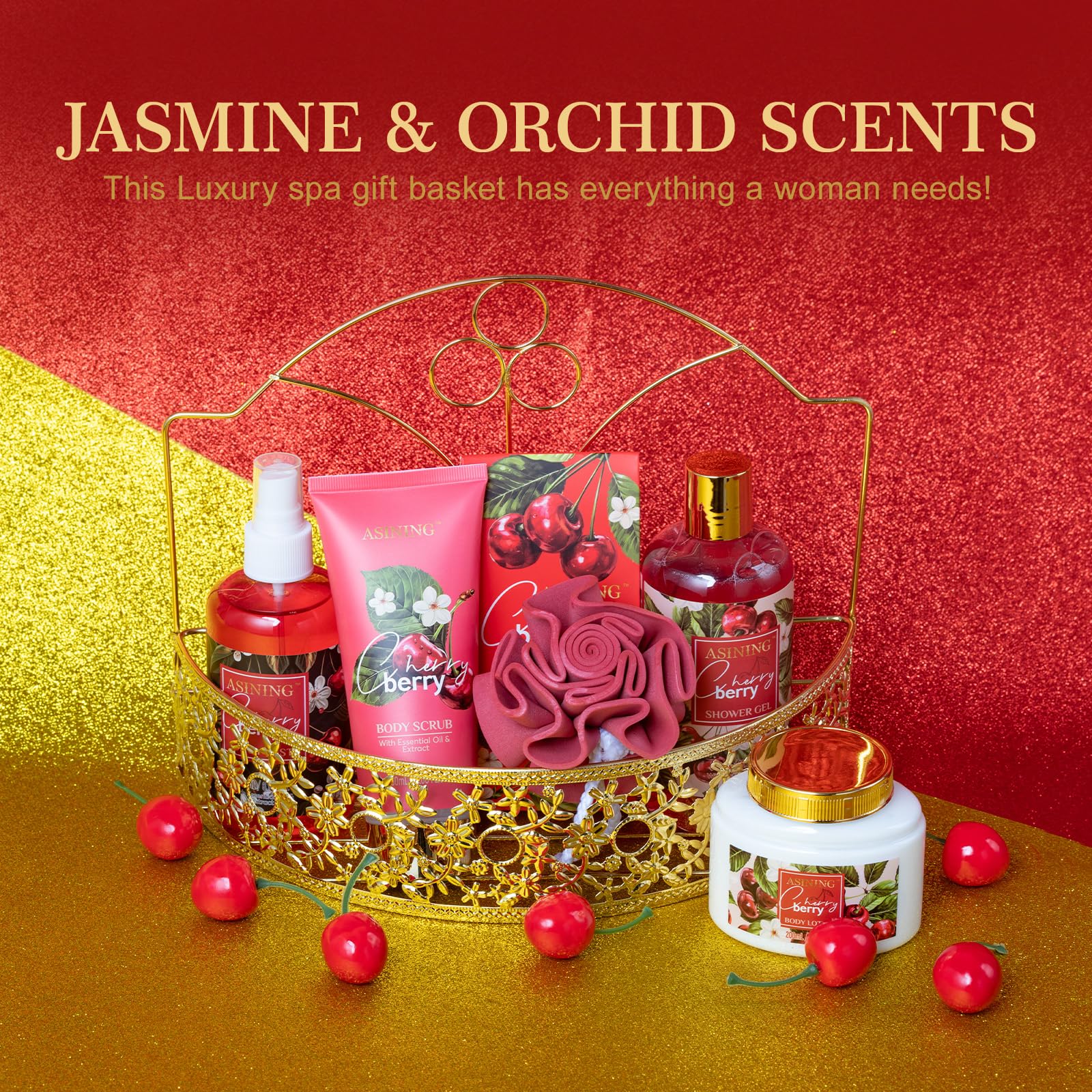 ASINING Bath & Body Basket Set Cherry Fragrance – Spa Gift Kit for Women
