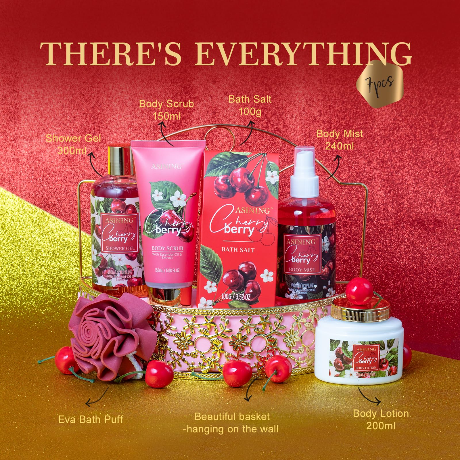 ASINING Bath & Body Basket Set Cherry Fragrance – Spa Gift Kit for Women