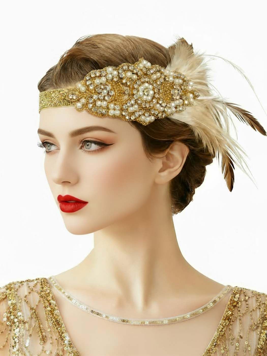 Asooll 1920s Feather Headband – Gold Crystal Flapper Headpiece for Women | Vintage Prom Accessory